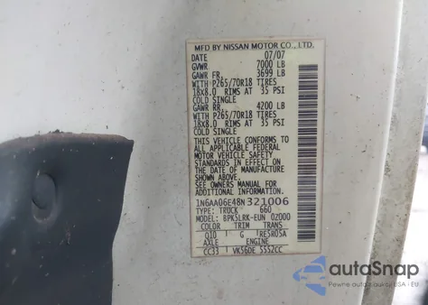 2008 Nissan Titan Xe из США, поврежденный, VIN 1N6AA06E48N321006